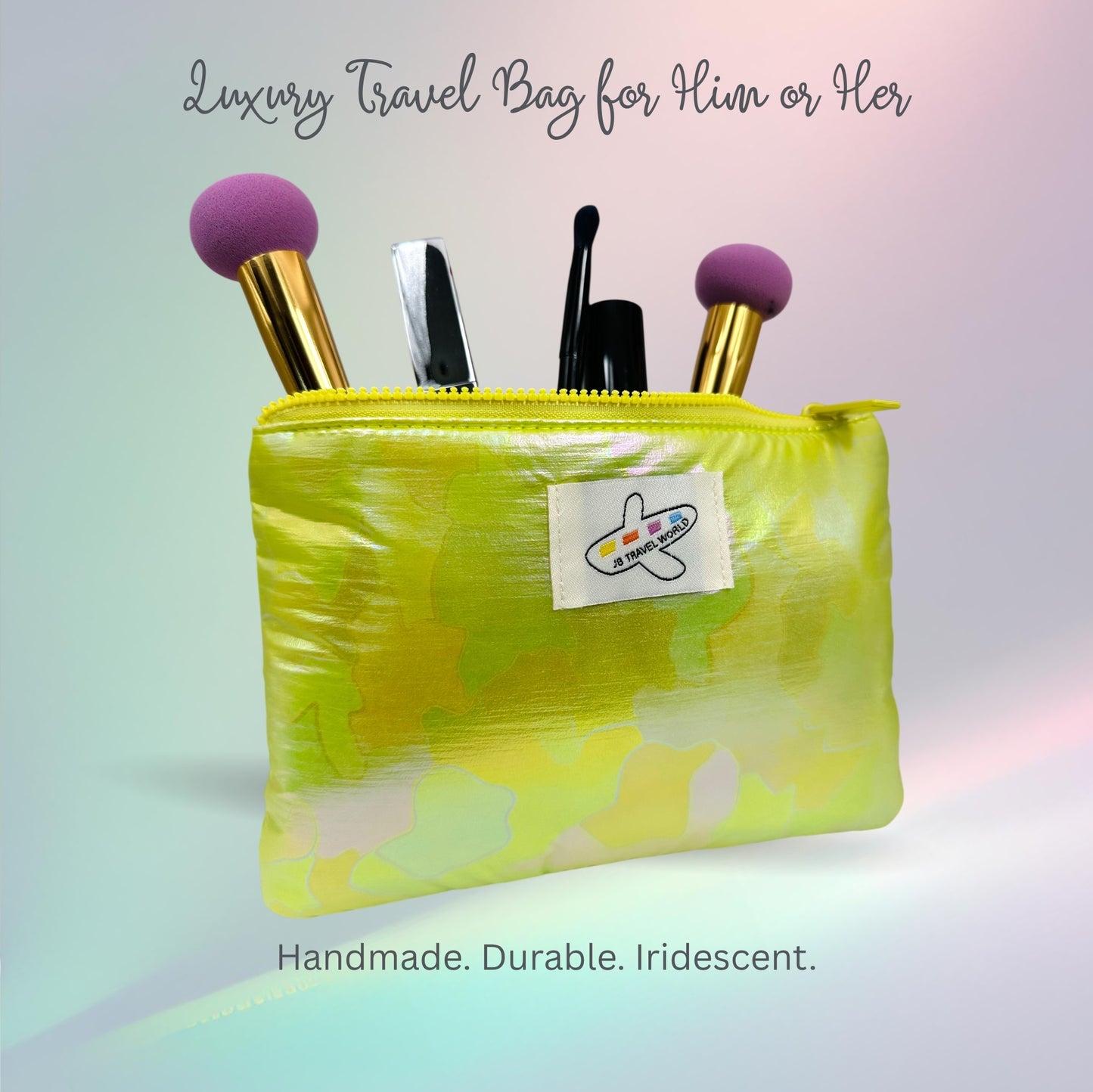 Green shimmer makeup bag open with cosmetics inside – soft-lined, handmade travel pouch for organising beauty or grooming items.