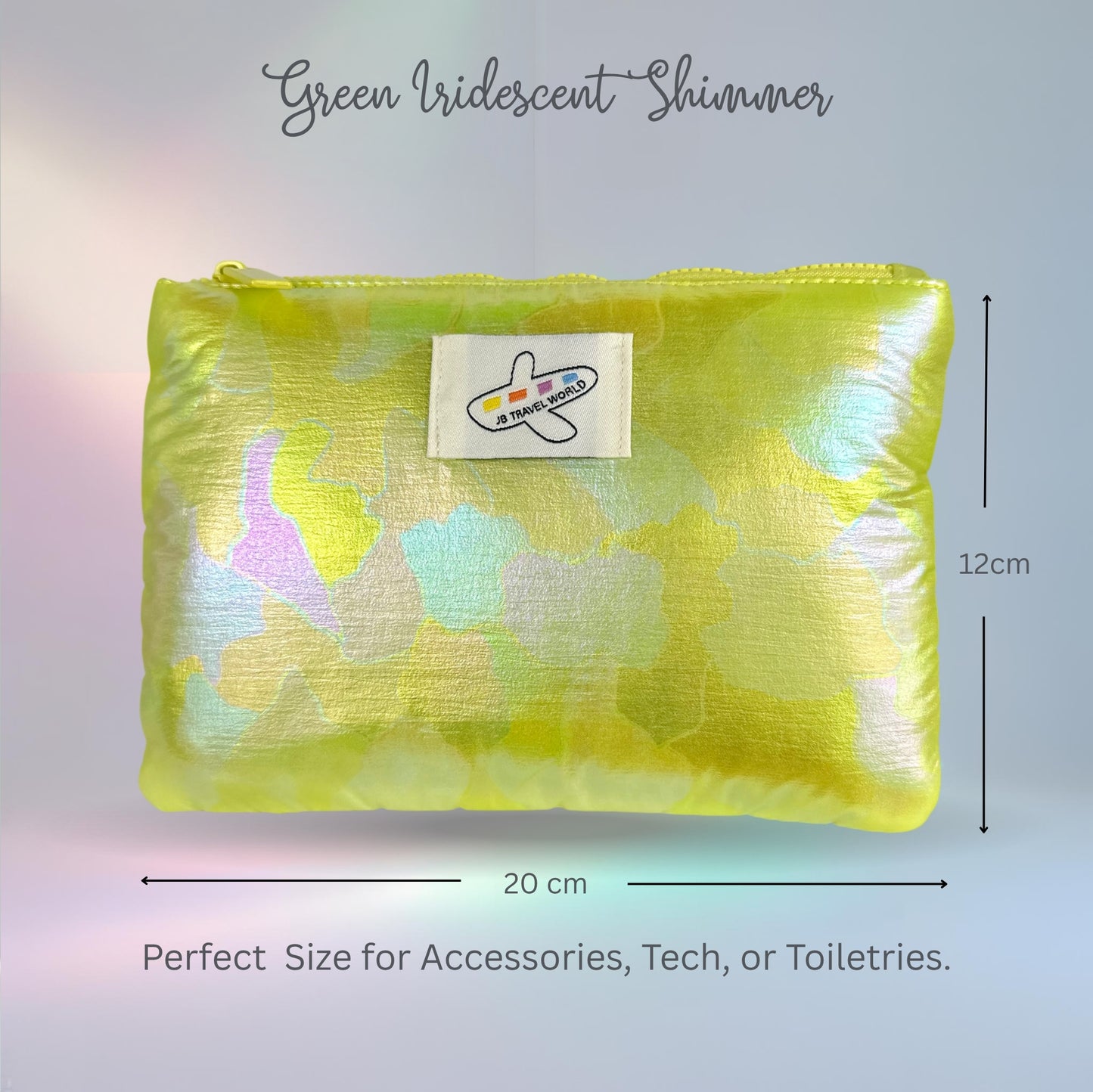 Green shimmer makeup bag with size measurements – compact, handmade travel pouch with iridescent shimmer and soft interior.