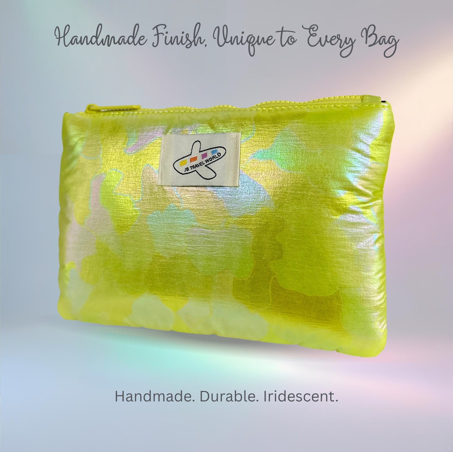 Green shimmer makeup bag unique handcrafted pouch with shimmering finish by JB Travel World.