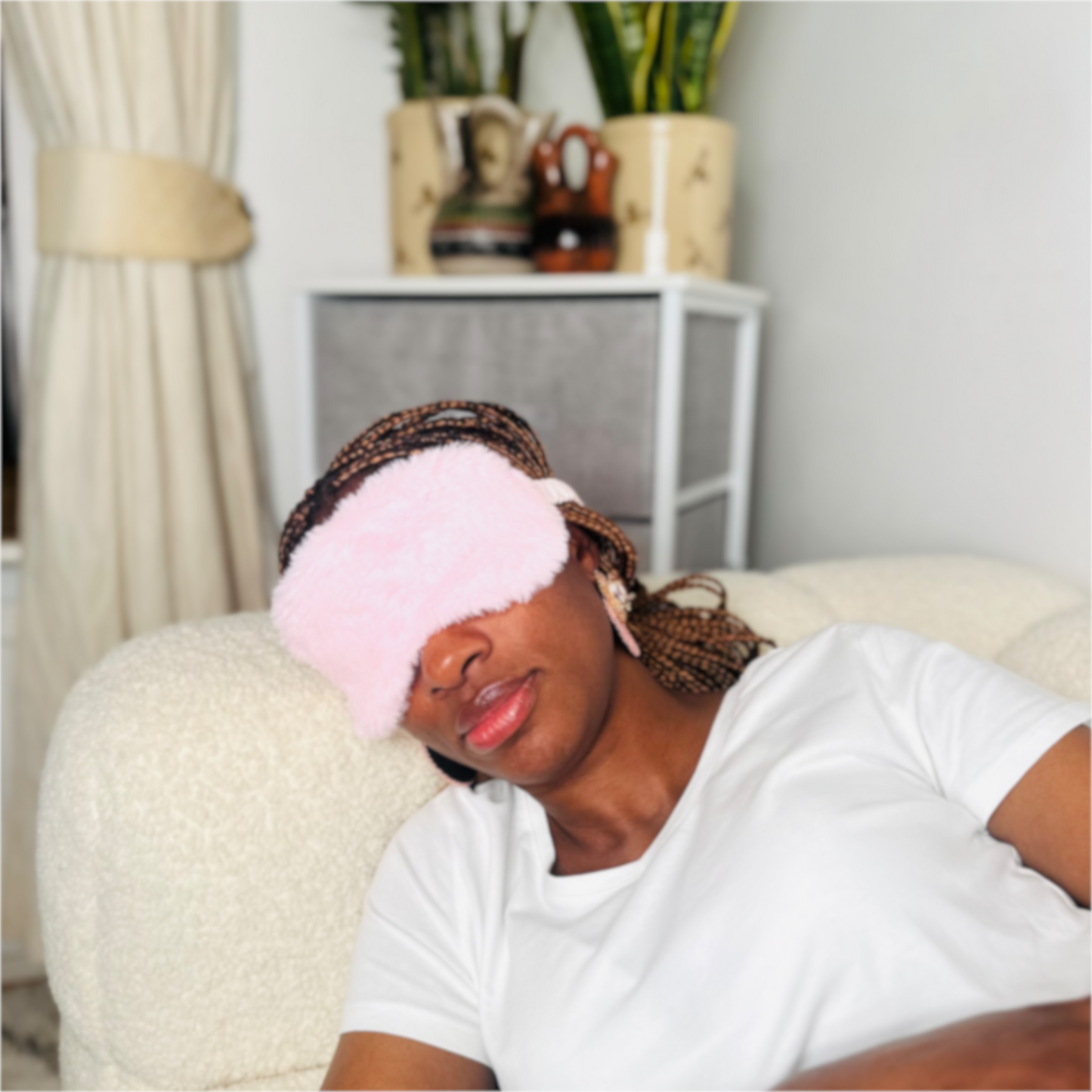 Fluffy Pink Eye Mask by JB Travel World, designed for comfort and relaxation, perfect for blocking out light on flights or road trips.