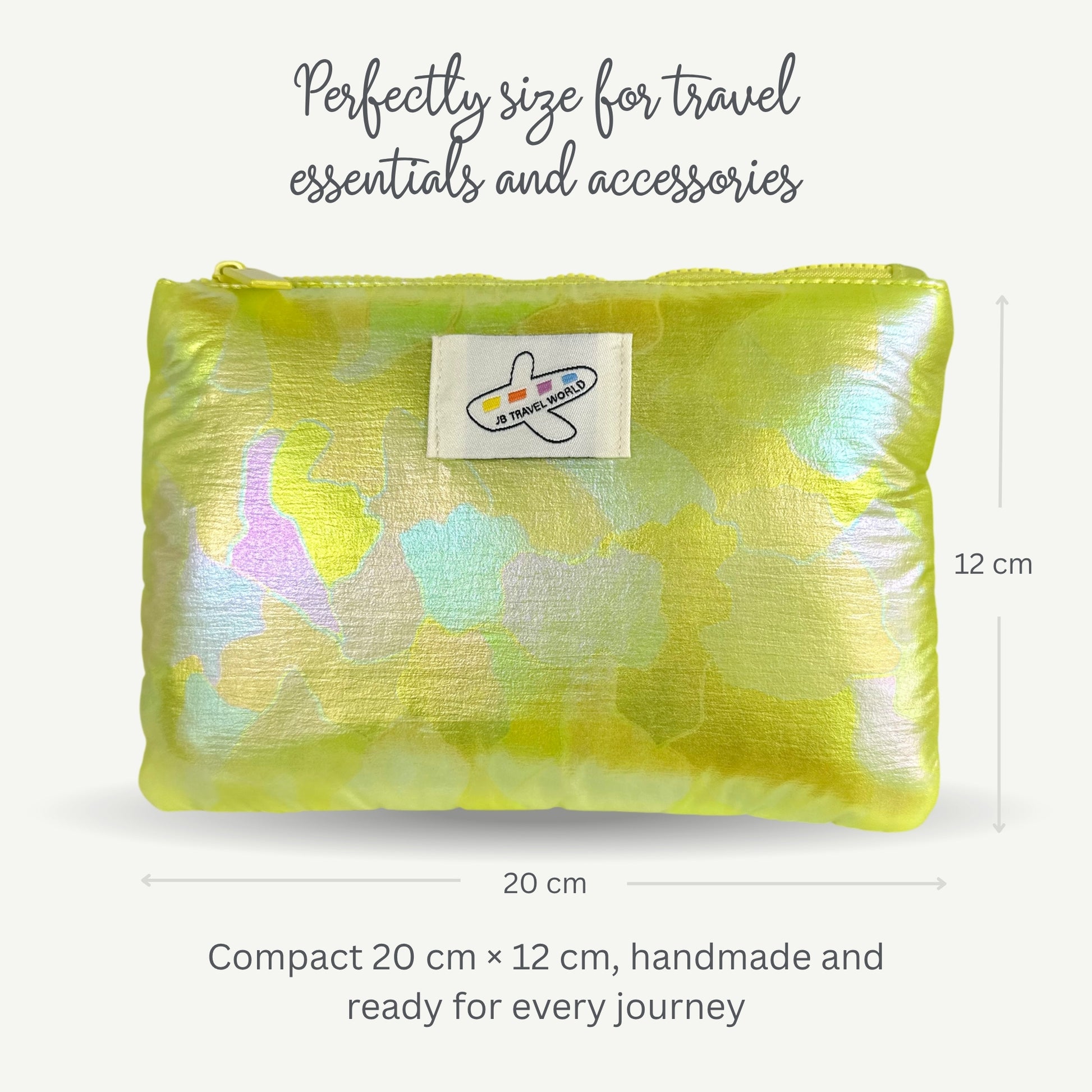JB Travel World handmade green shimmer makeup bag with size dimensions for travel cosmetics.