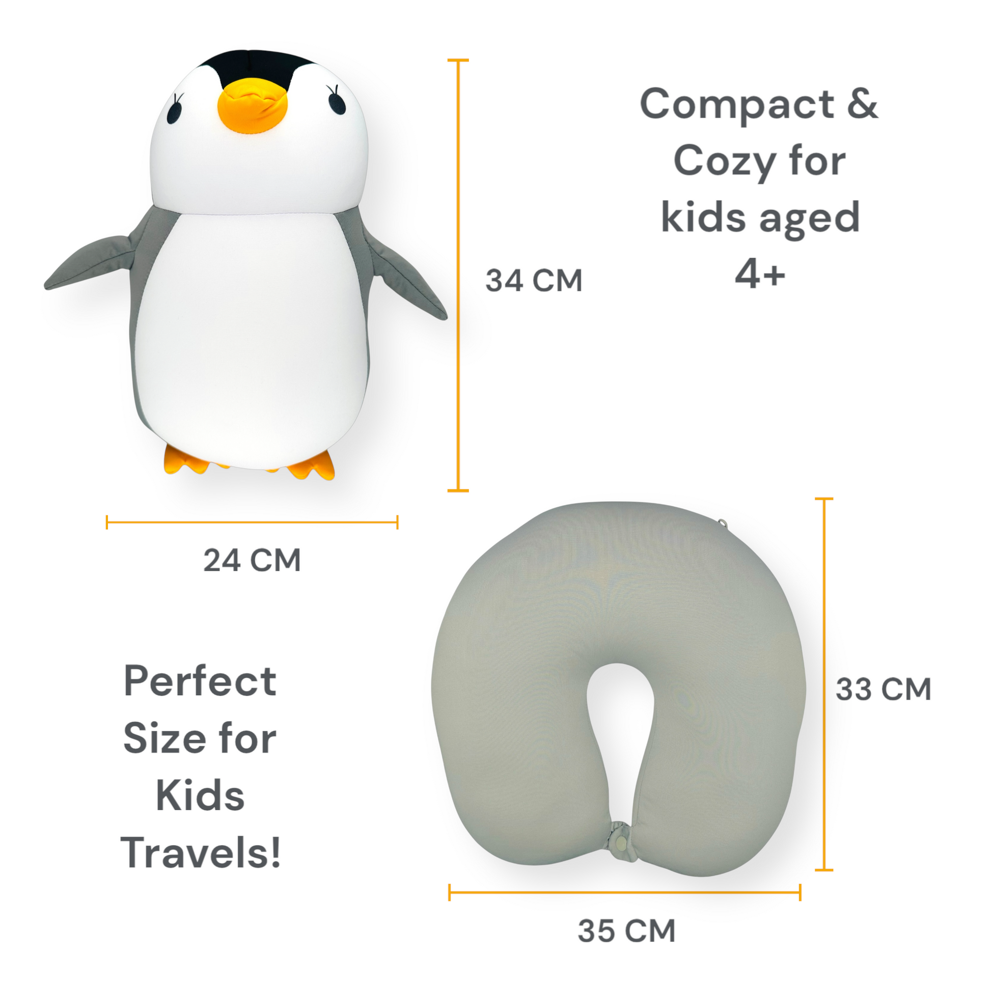JB Travel World 2-in-1 Penguin Travel Pillow in penguin form, with dimensions clearly displayed (34cm high, 24cm wide), perfect for kids to cuddle.