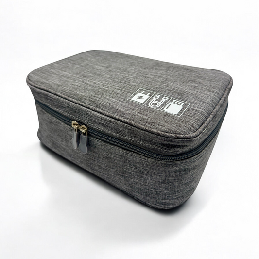 A compact organizer with multiple compartments for storing travel essentials like passports, tickets, and gadgets.