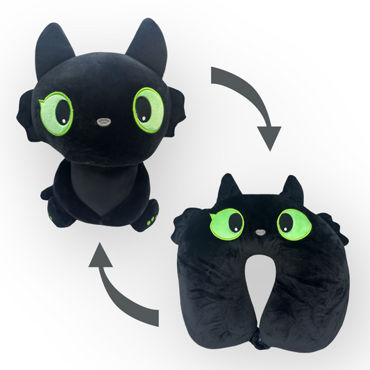 Adorable kids black cat travel pillow that transforms from a cuddly black cat plush into a cozy U-shaped pillow for comfortable travels.