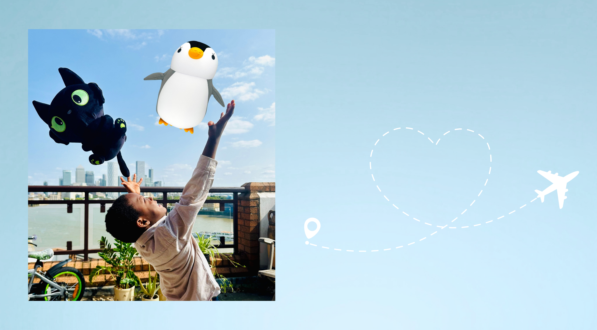 JB Travel World homepage banner with child playing with kids black cat and penguin travel pillows