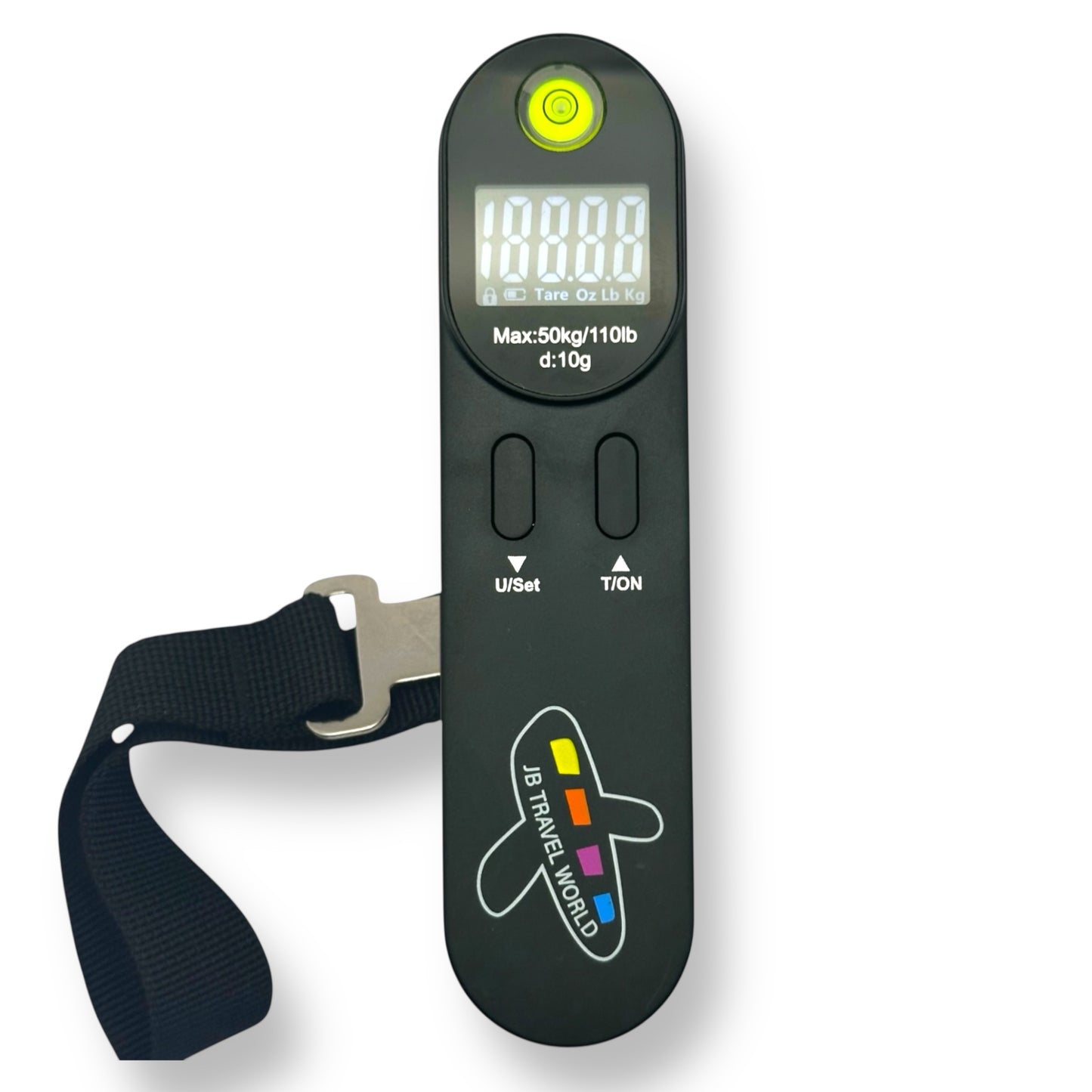 Front view of JB Travel World digital luggage scale