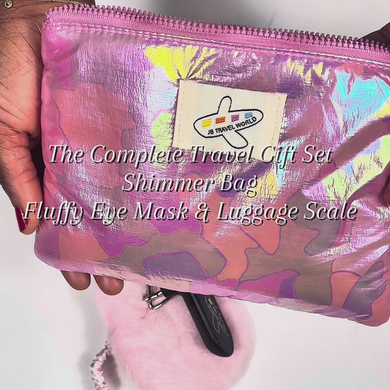 Video showing the JB Travel World handmade shimmer makeup bag bundle with fluffy eye mask and digital luggage scale, compact travel set for cosmetics and accessories.