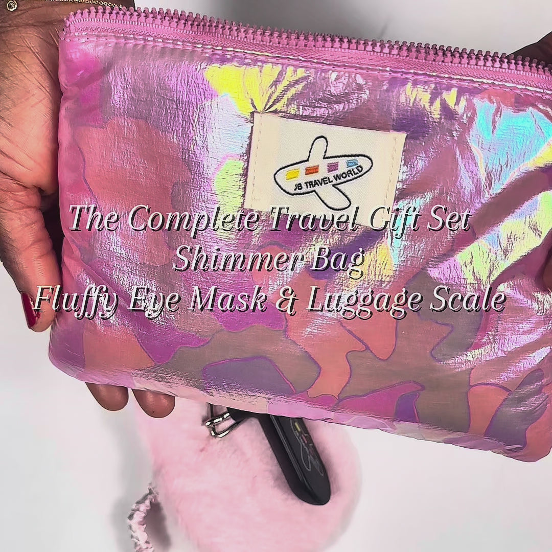 Video showing the JB Travel World handmade shimmer makeup bag bundle with fluffy eye mask and digital luggage scale, compact travel set for cosmetics and accessories.