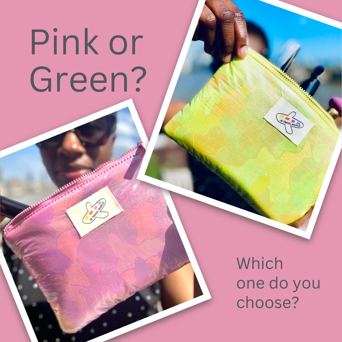 Person holding pink and green shimmer bags side by side – choose your colour travel bundle