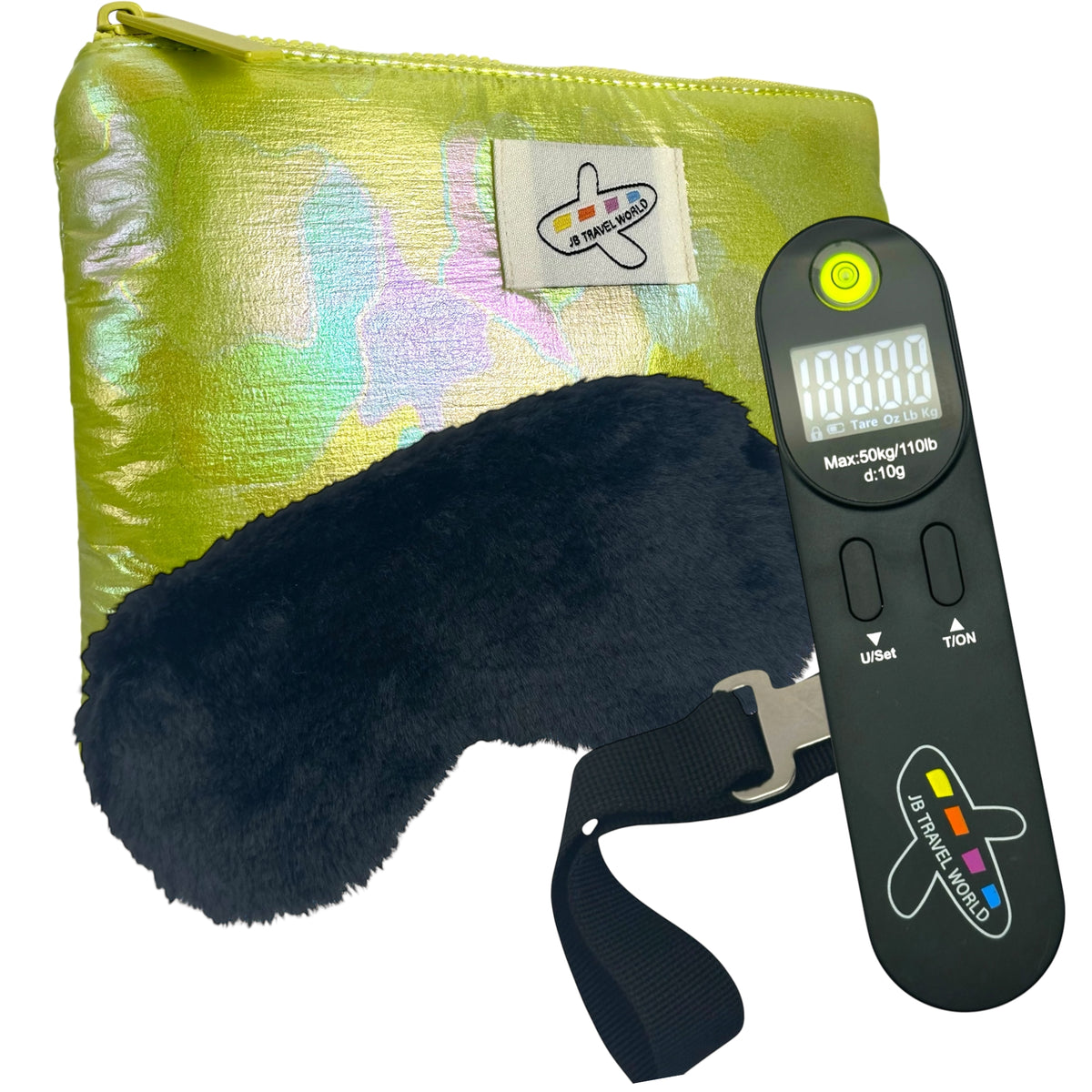 Green shimmer cosmetic bag bundle with black eye mask and digital luggage scale – travel essentials set